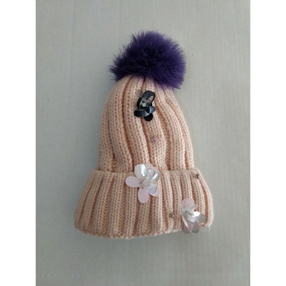 New Cara New York Women's Pink Knit Hat Flower Pom Pom OSFM Ostrich Feathers - Picture 1 of 6